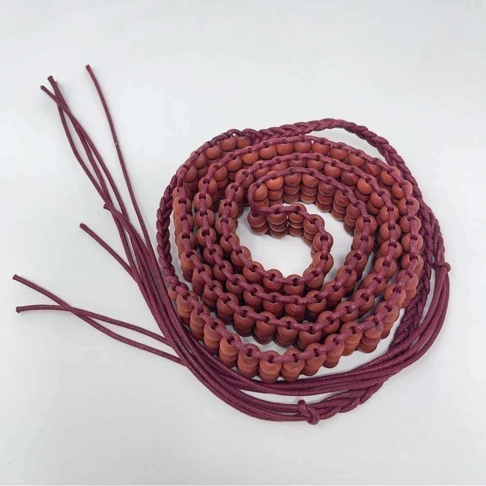 Vintage Boho, Western Wine Colored Wooden Beads Belt w/ Fringe‎